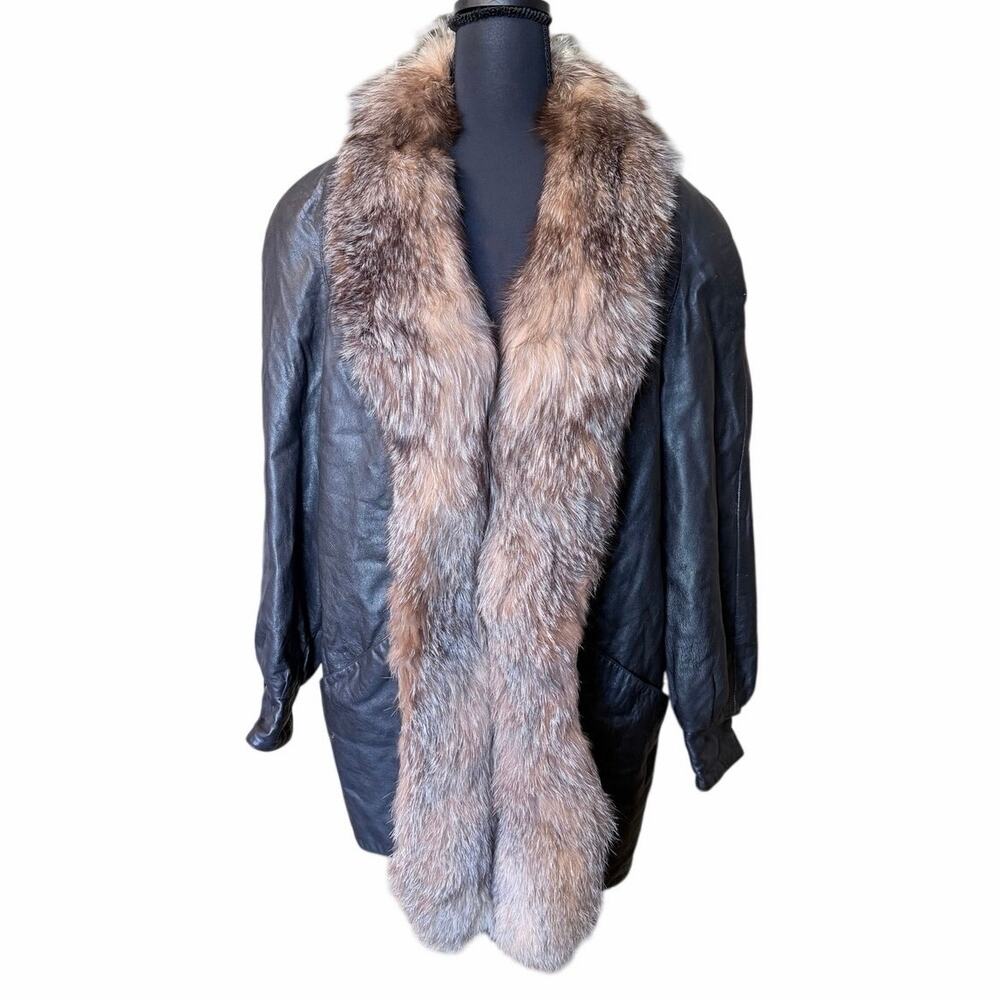 Vintage black leather coat real fox fur trim medium made in hong kong mob wife